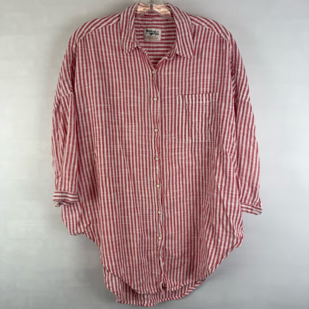 Anthropologie Holding Horses Oversized Button Down Striped Button Up Size XS Red
